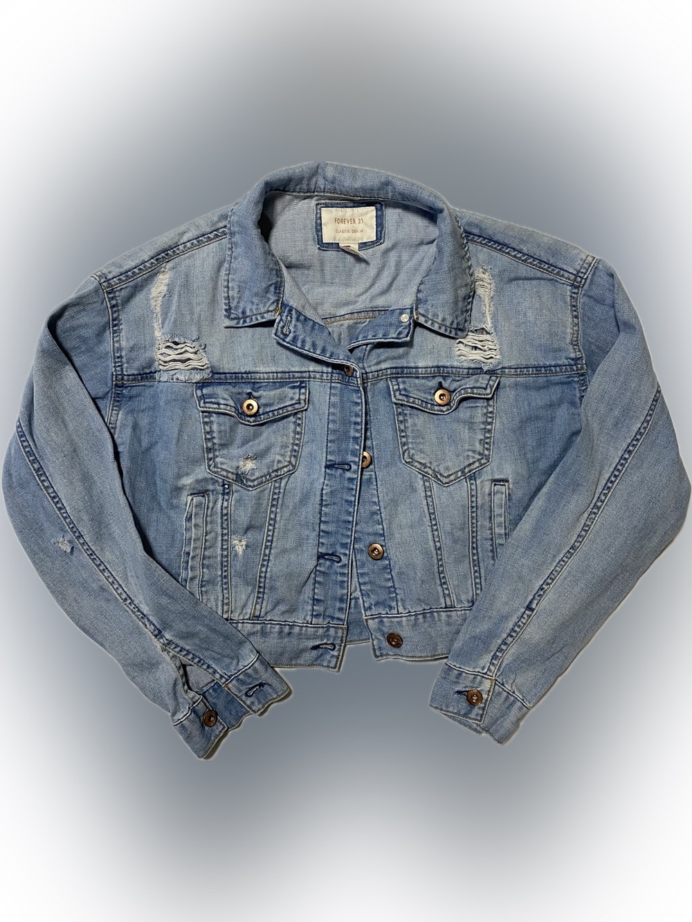 Forever 21 Light Wash Distressed Denim Jacket - Blue